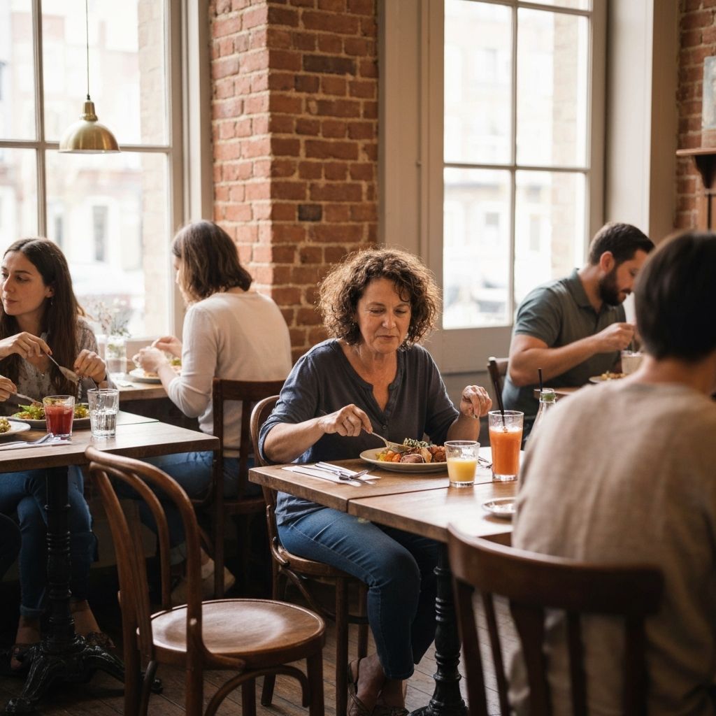 Person sitting at a café table enjoying a meal in natural window light
