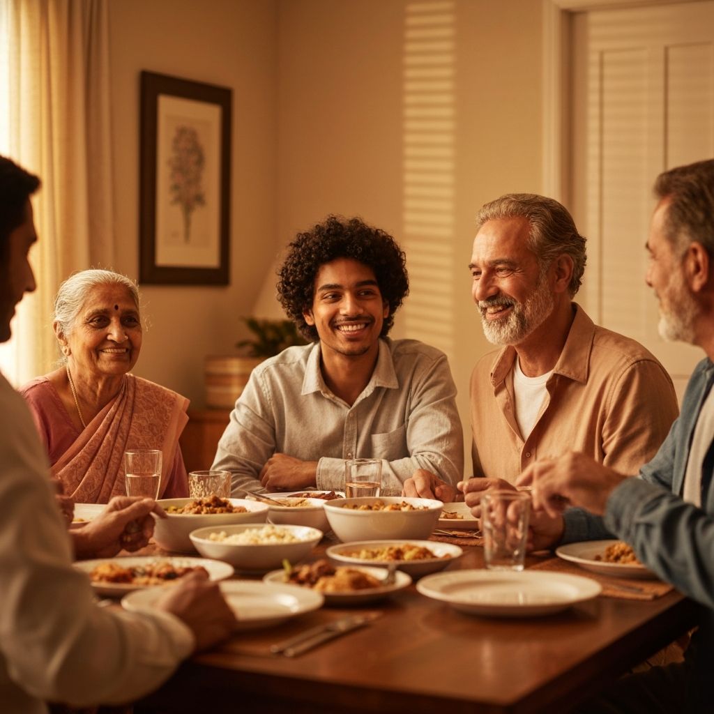 People sharing home dinner together at table with multiple dishes