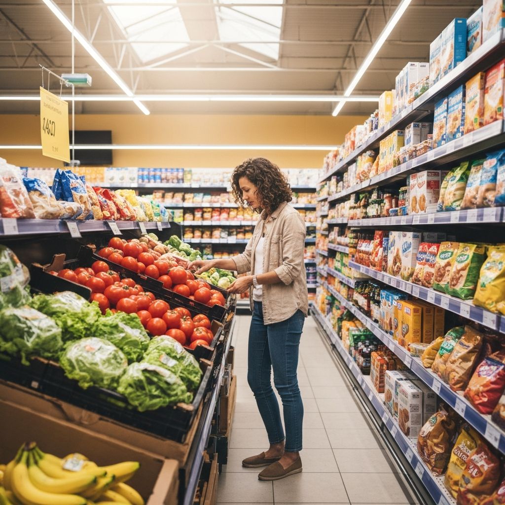Person browsing grocery items in supermarket aisle with natural lighting